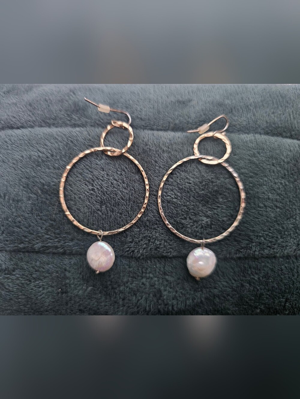 Hammered Gold Hoop Earrings with Pearl Drop - Women Jewelry